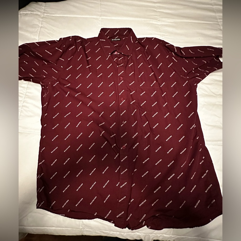 Balenciaga All-Over Logo Poplin Shirt, Like New, Burgendy, Size 43